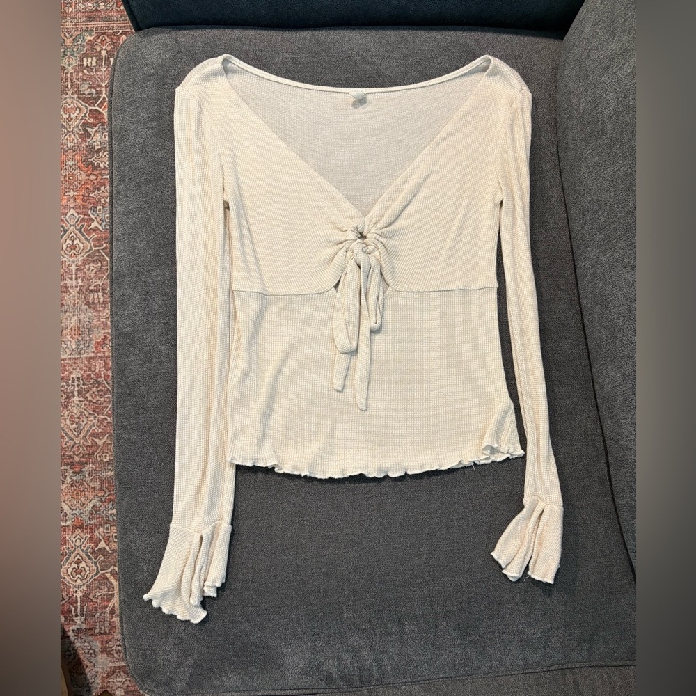 Free People Light Gray Tie-Front Blouse